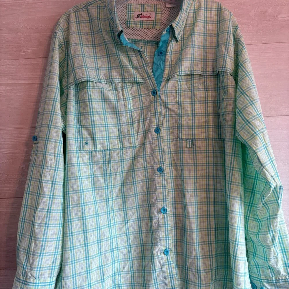 World Wide Sportsman Shirt Womens Blue Green Plaid Fishing Vented Pockets - Picture 1 of 7